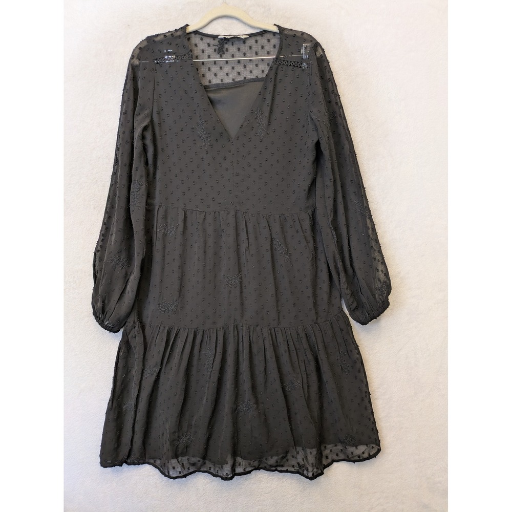 Stradivarius Dress Women's M Black Swiss‎ Dot Tiered Mini V-Neck Embroidered LBD